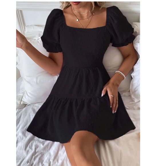 Black Mini Dress Square Neck Short Puff Sleeve Open Back Bow Ties - Picture 6 of 7